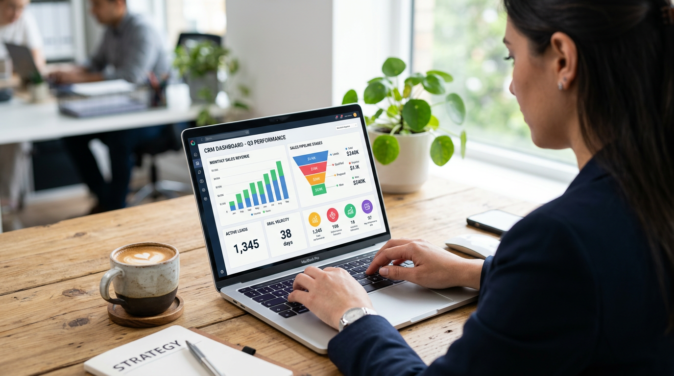 A salesperson's hands typing on a laptop with a modern CRM dashboard visible on the screen.