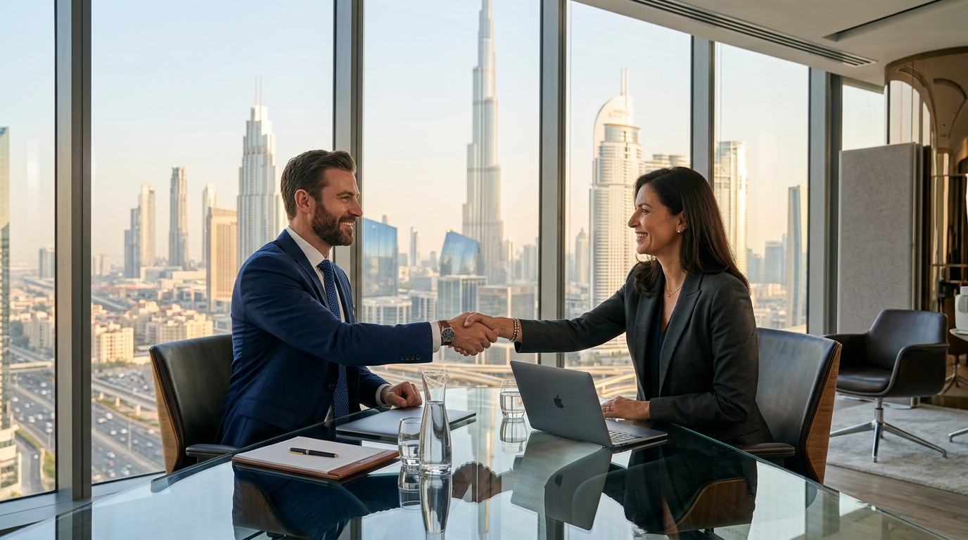 A professional handshake between a sales executive and a client in a sleek Dubai boardroom.