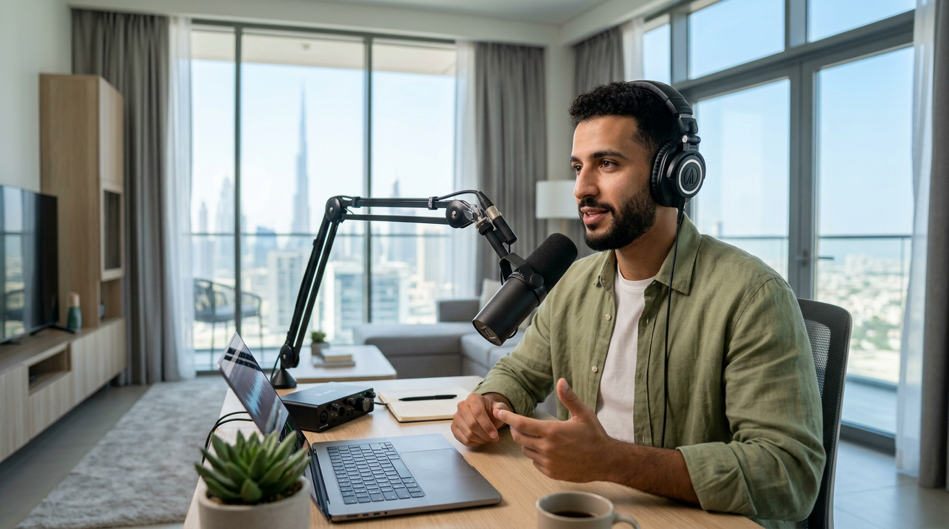 Arab professional recording a voice-over in a modern home studio