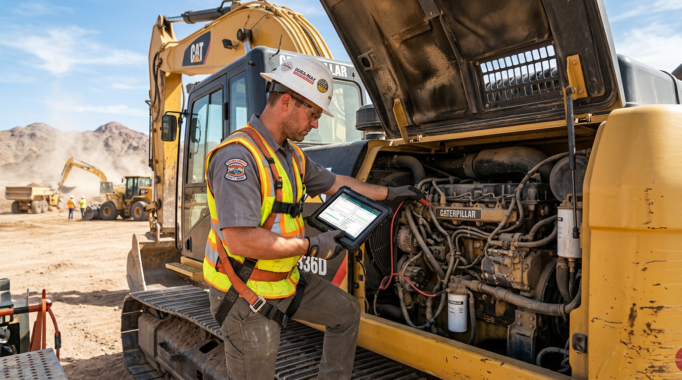 Heavy equipment technician using a diagnostic tablet on a yellow excavator