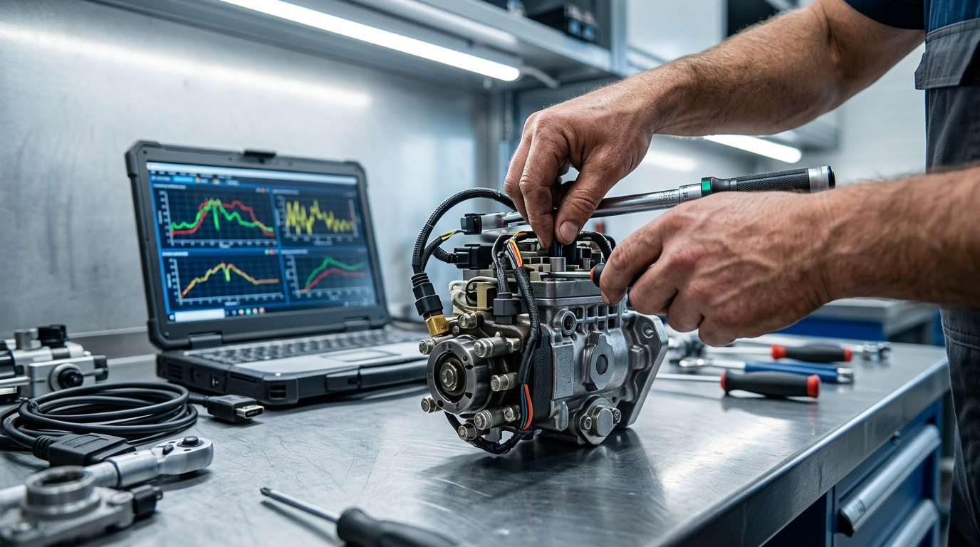 Heavy equipment mechanic working on a computerized diesel injection pump
