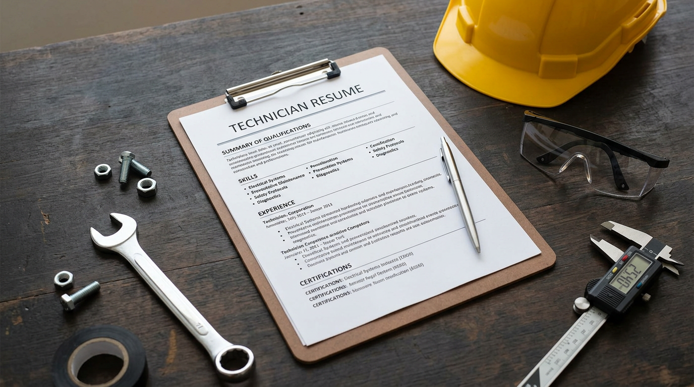 A professional technician's resume on a clipboard surrounded by engineering tools