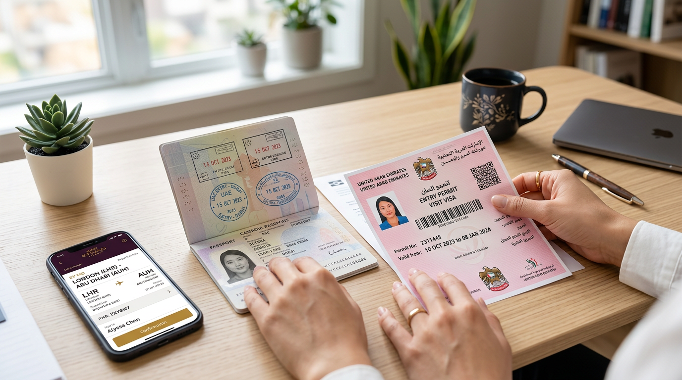 Expat organizing travel documents and an entry permit on a desk