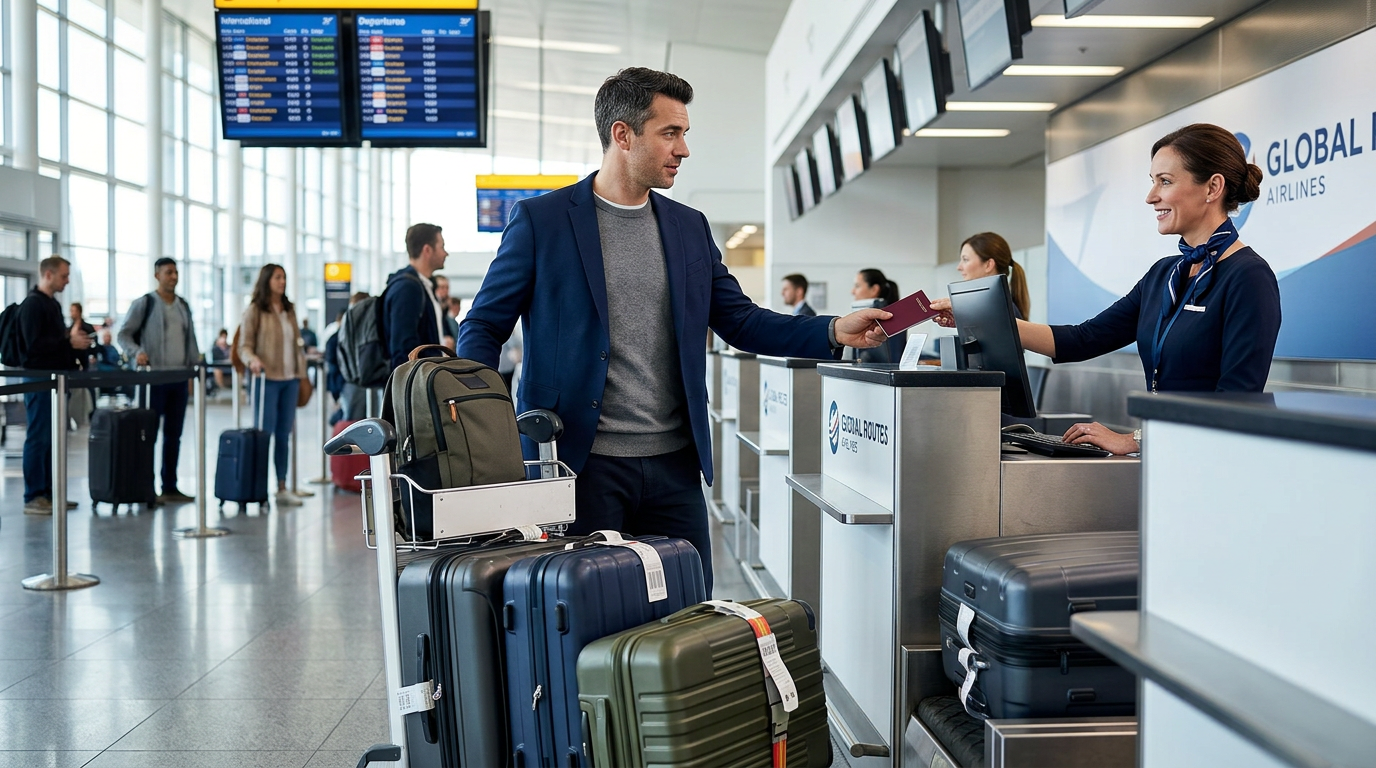 Traveler with heavy suitcases at an airline check-in counter