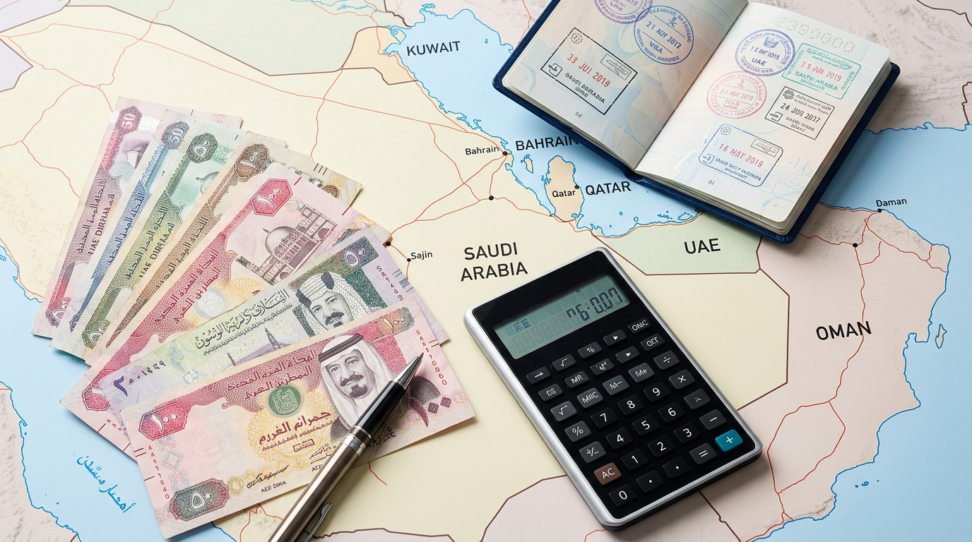 Middle Eastern currency, calculator and passport on a map