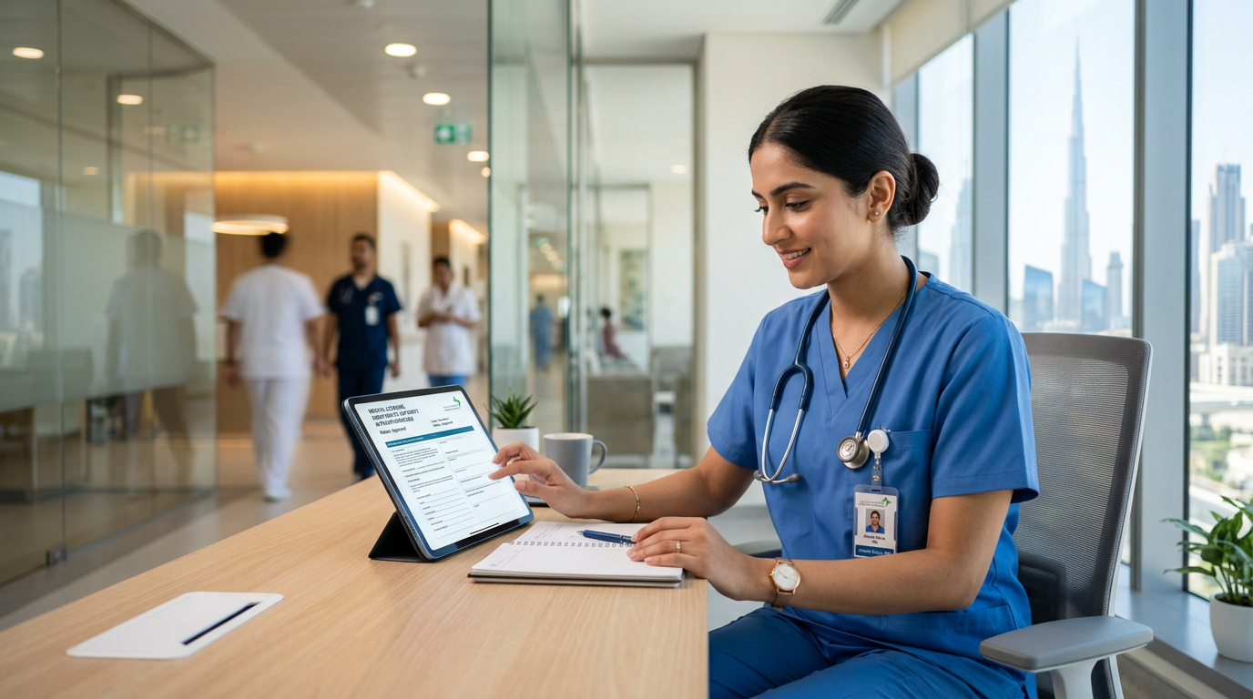 Nurse reviewing medical licensing documents in Dubai