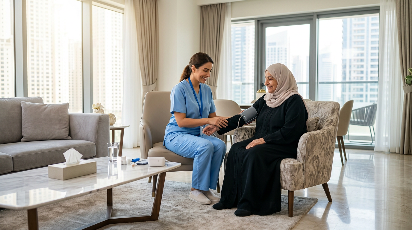 Nurse providing home healthcare in Dubai
