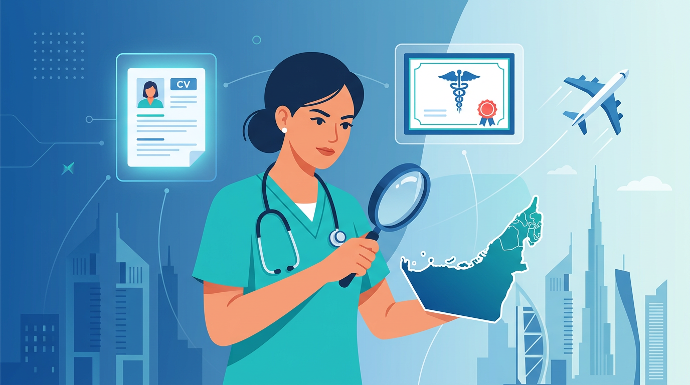 Illustration of a nurse's job search journey in the UAE