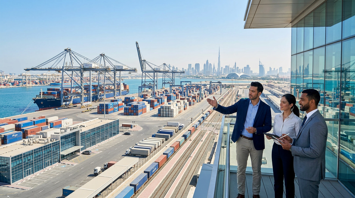 Heavy shipping containers and cranes at DP World in Dubai under Trakhees jurisdiction