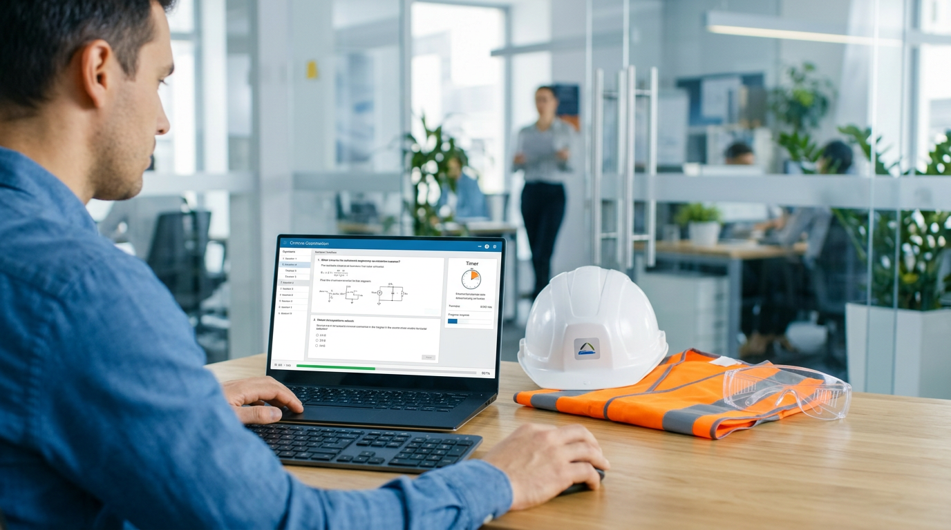 Engineer studying for Trakhees certification exam at a desk with safety gear