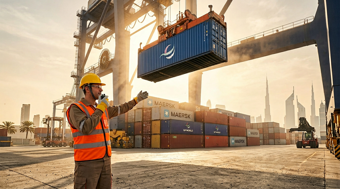 Safety officer directing heavy lifting crane operation at a Dubai logistics hub