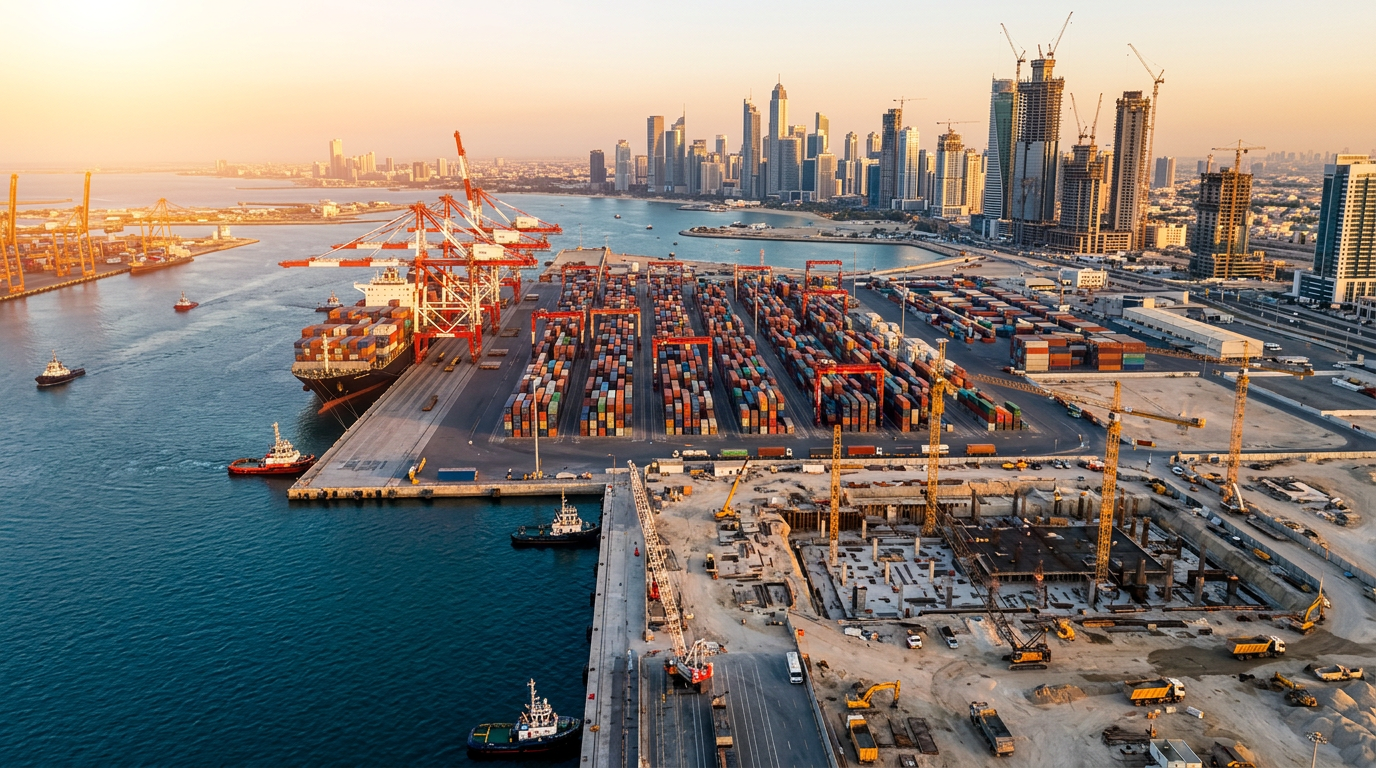 Aerial view of a massive construction and logistics port in the Middle East representing procurement demands