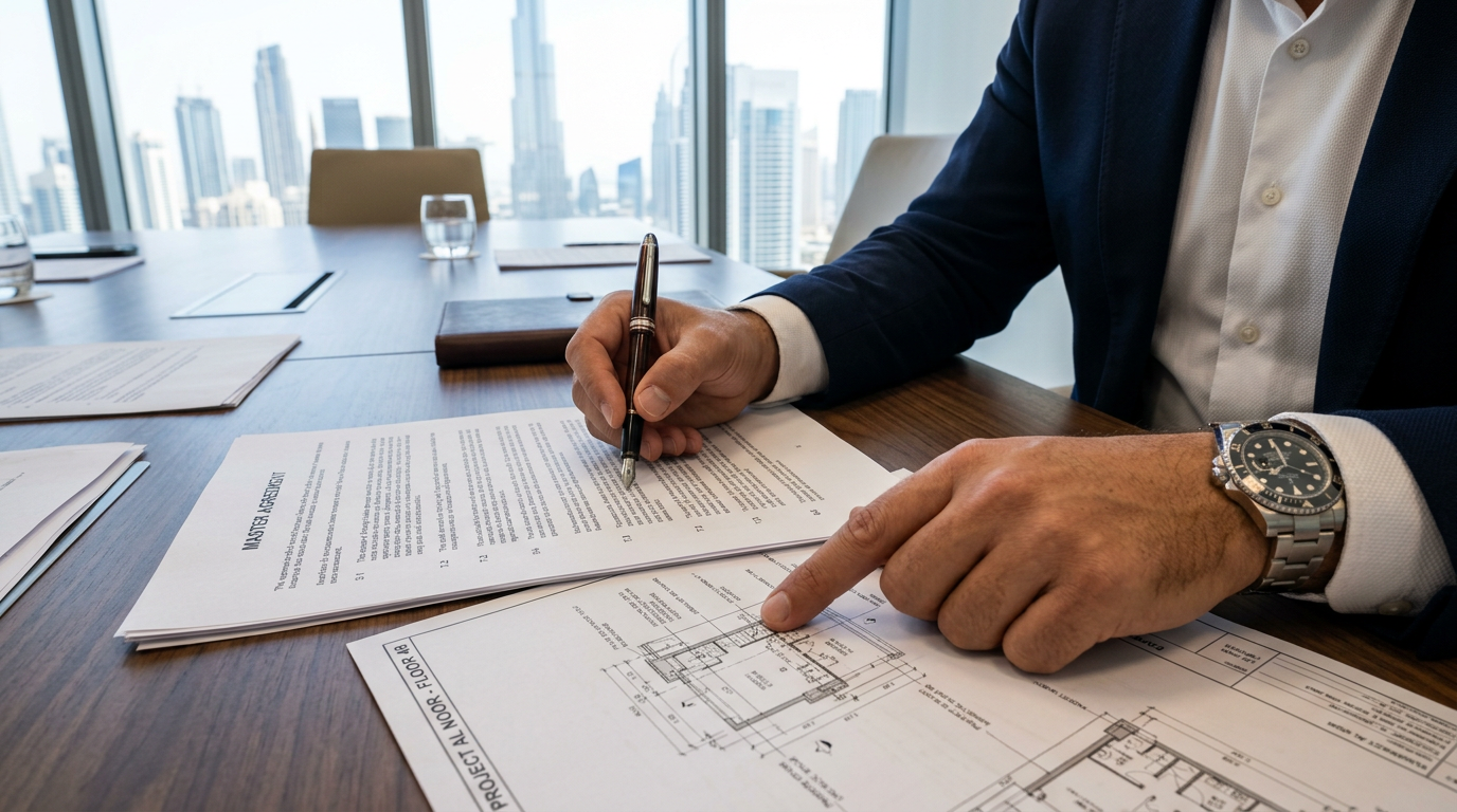 Procurement specialist reviewing complex legal FIDIC contracts in a corporate office