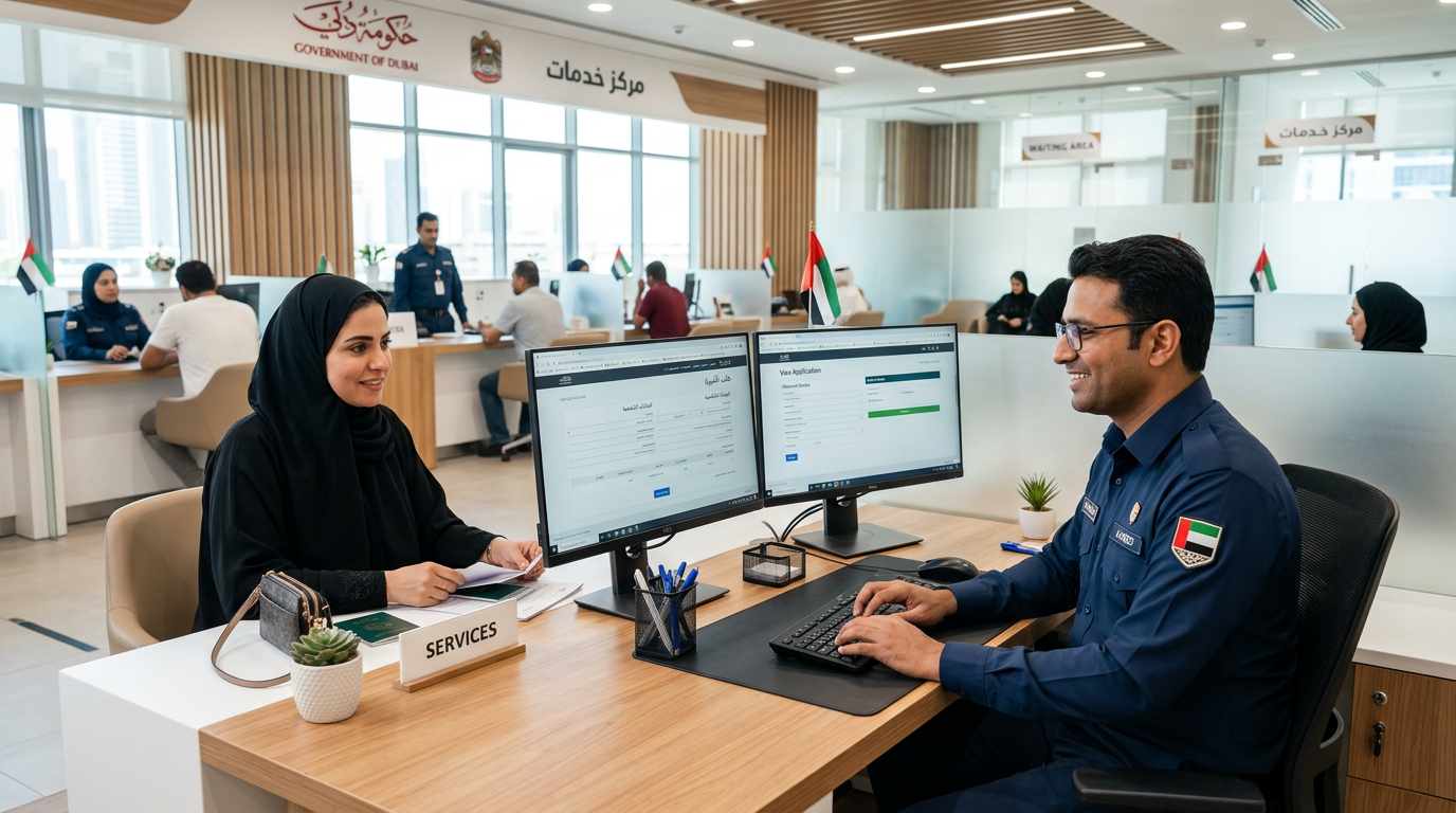 A professional UAE Gulf Typist working at a dual-monitor setup in a bright Amer typing center.