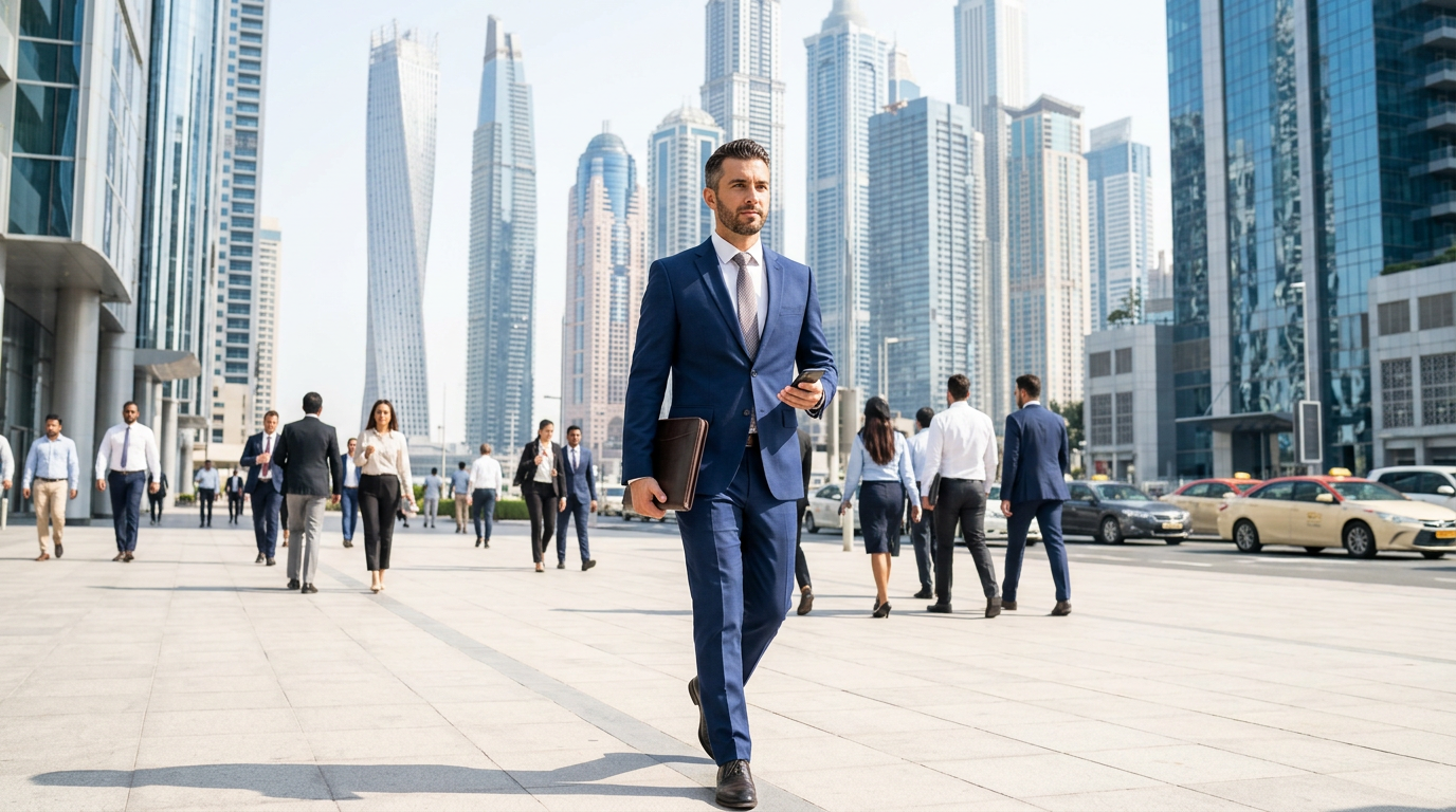 A confident Public Relations Officer (PRO) walking in Dubai's business district holding documents.