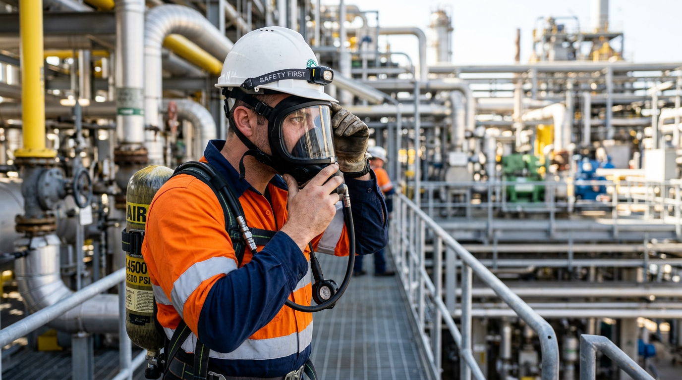 Industrial worker in protective gear putting on an SCBA mask at an oil and gas facility