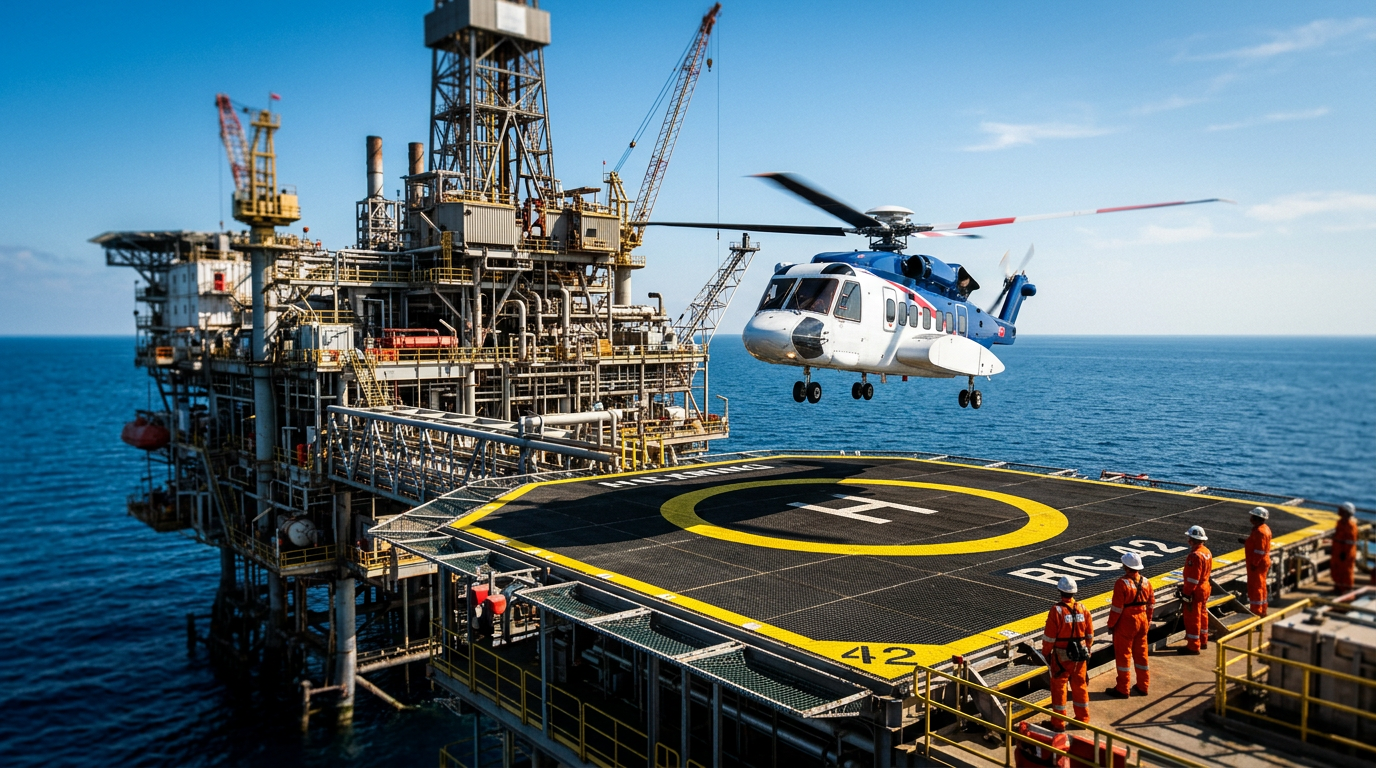 Helicopter landing on an offshore oil rig in the Middle East