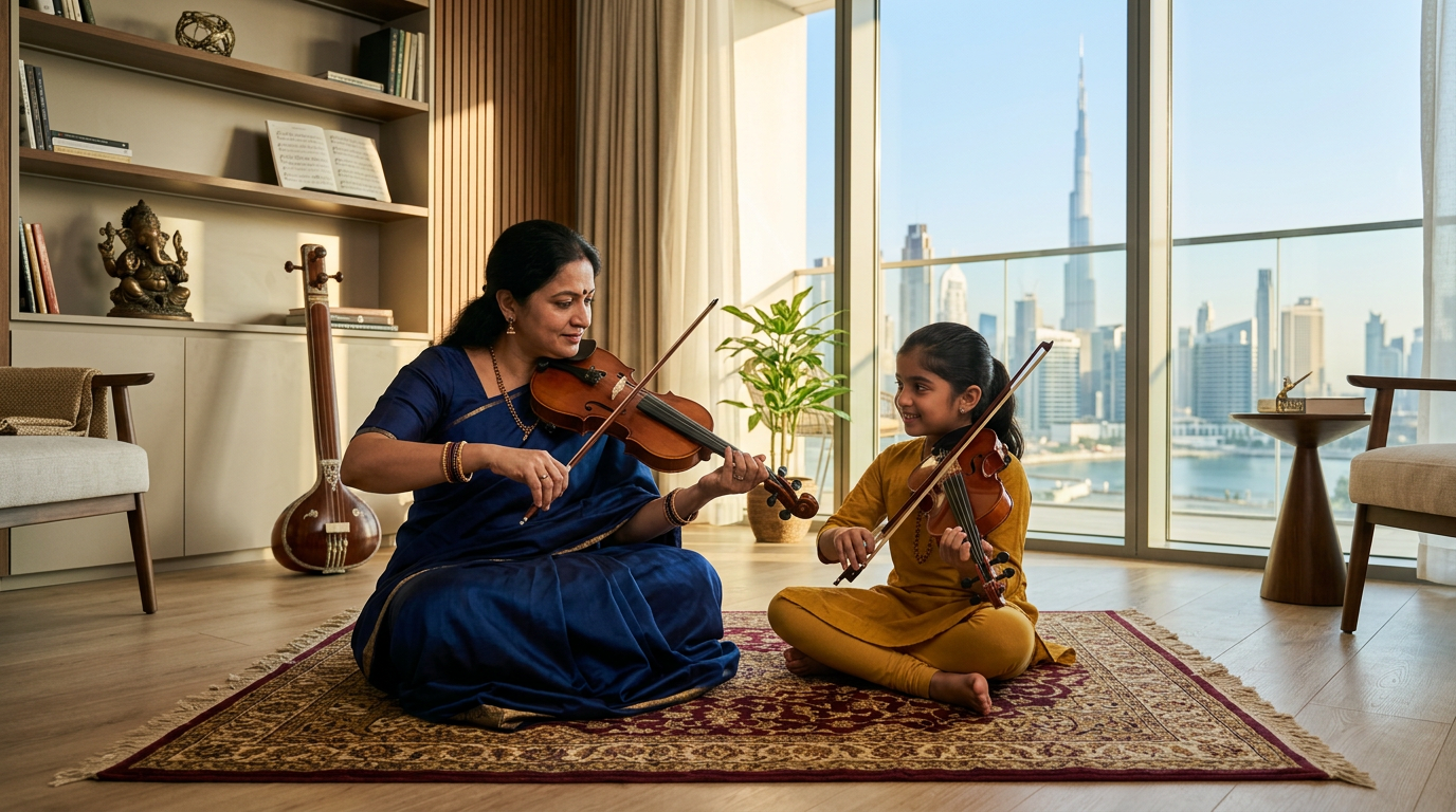 A professional Carnatic music teacher instructing a young student on the violin in a modern Dubai studio.