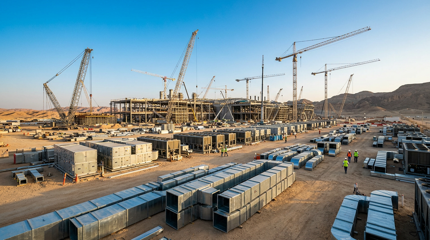 A skilled HVAC duct fabricator working on a massive construction site in Saudi Arabia