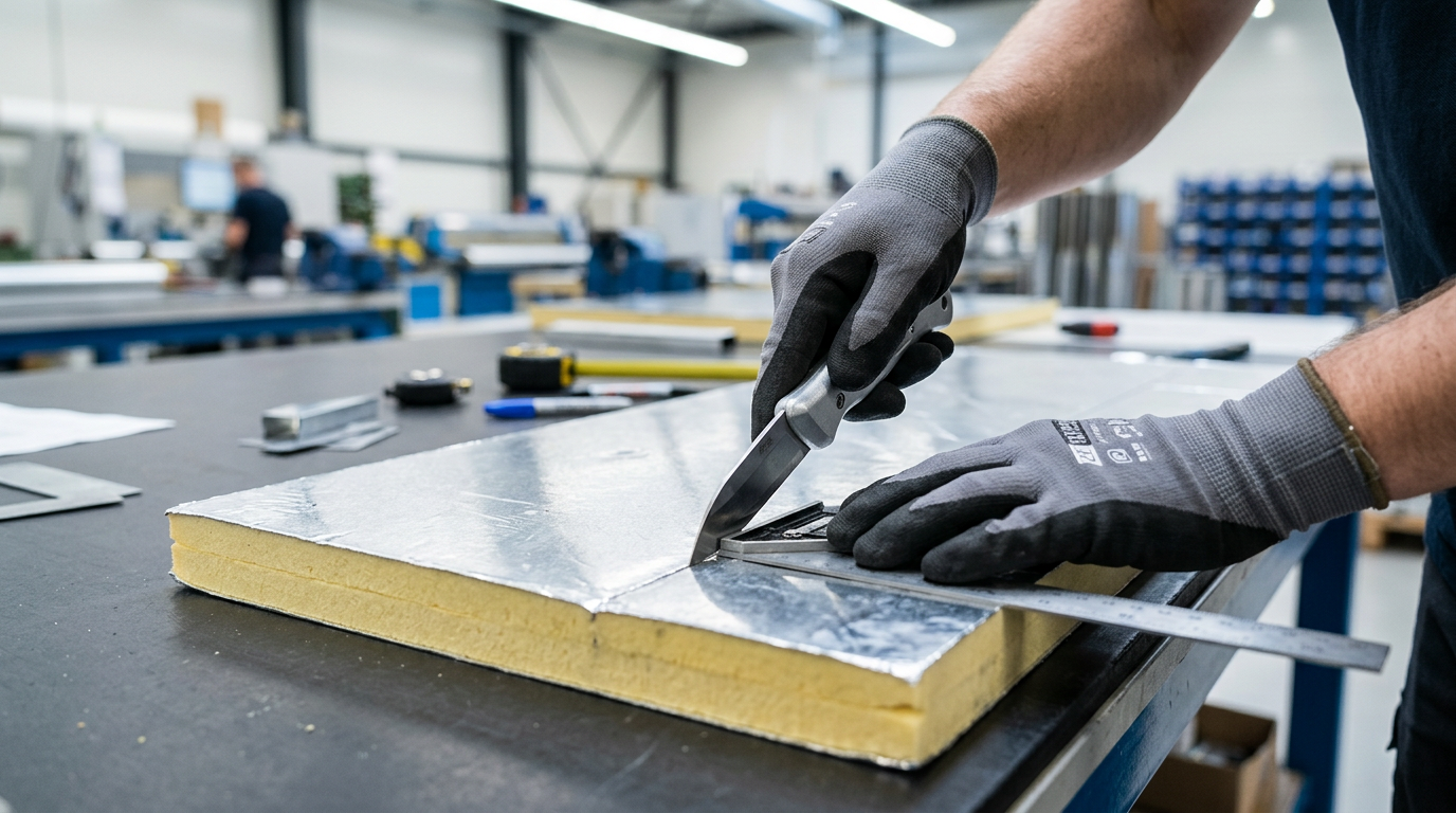 Close up of a worker fabricating pre-insulated PI ductwork