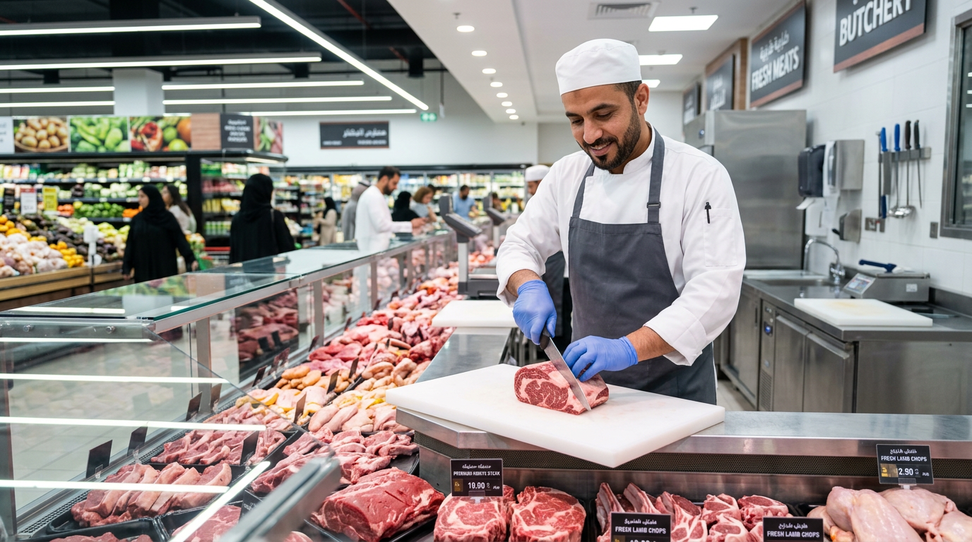 A skilled butcher working behind a clean, brightly lit hypermarket meat counter in the Middle East.