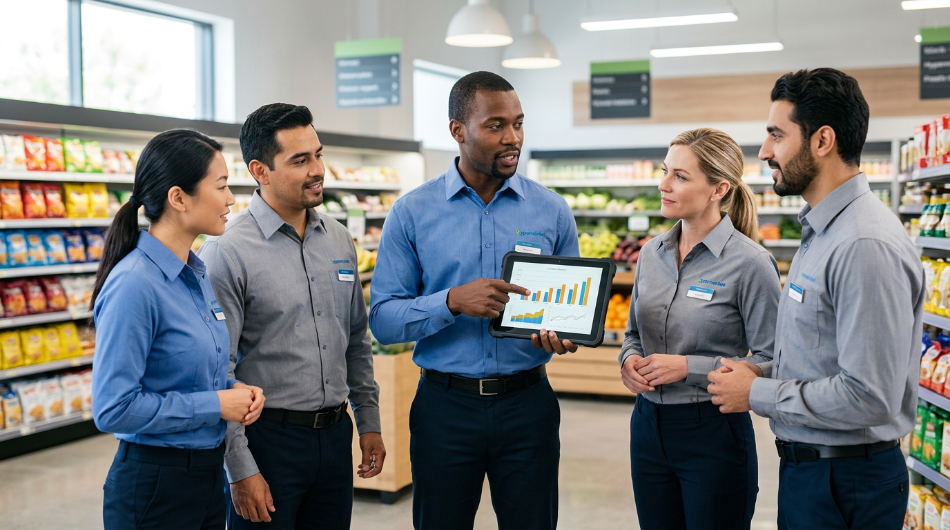 Retail supervisors reviewing inventory and shift schedules on a digital tablet in a hypermarket aisle.