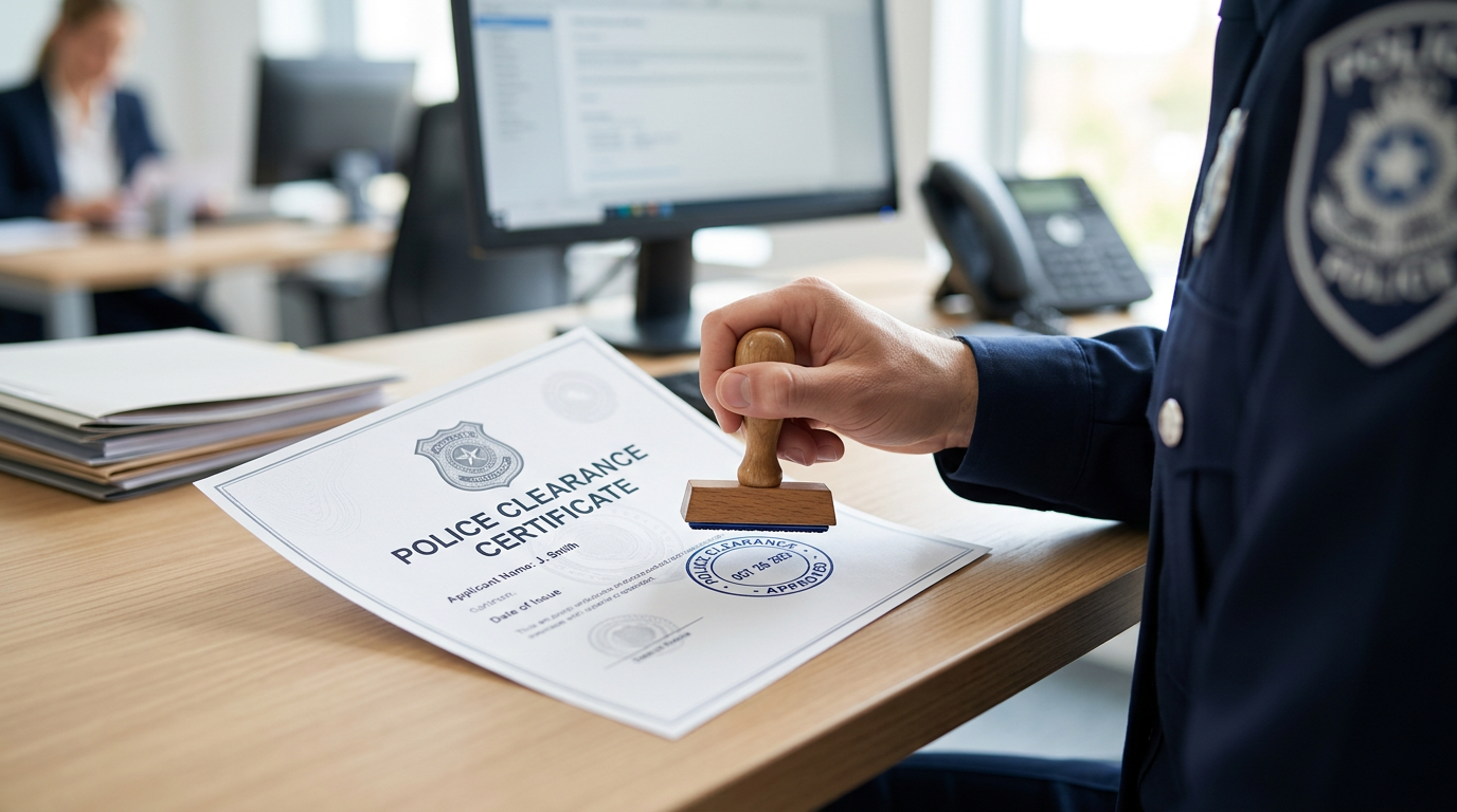 Official Police Clearance Certificate being stamped by an officer
