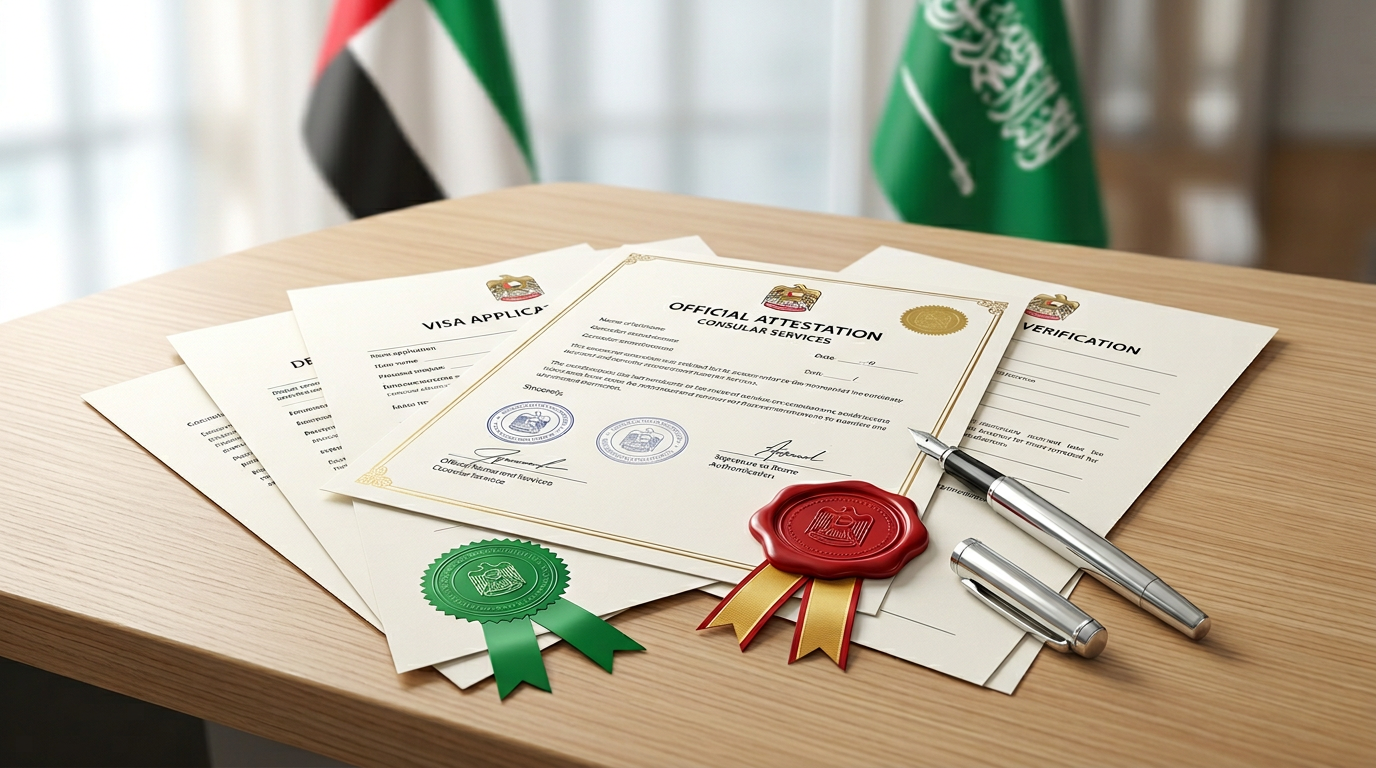 Embassy documents with MOFA authentication seals and stamps