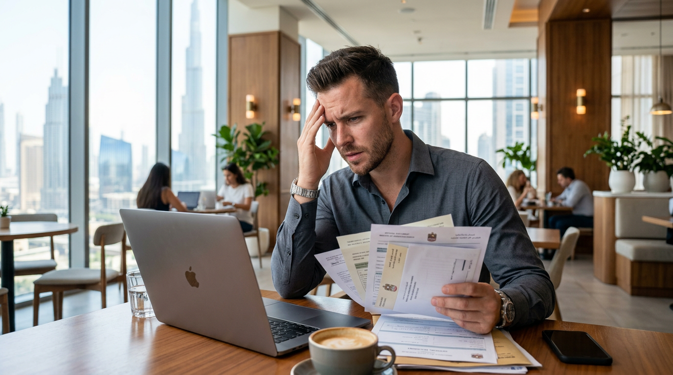 Stressed expatriate reviewing visa documents on a laptop
