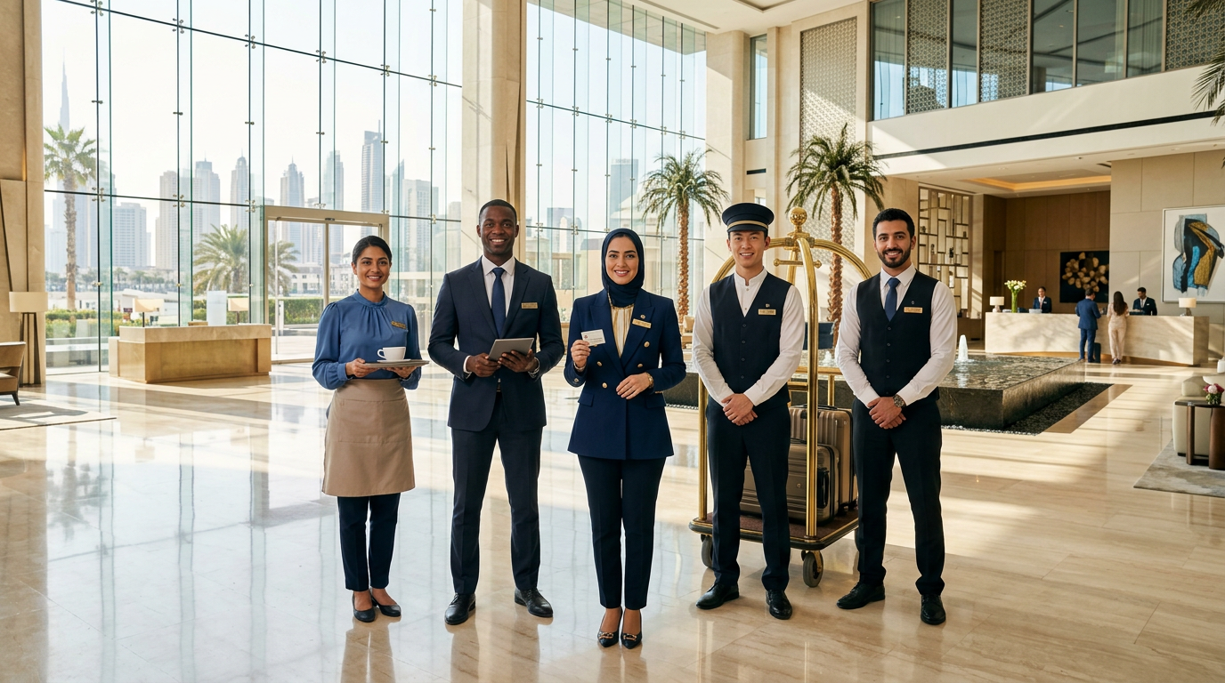 Diverse hospitality staff standing in a modern luxury hotel lobby in Dubai
