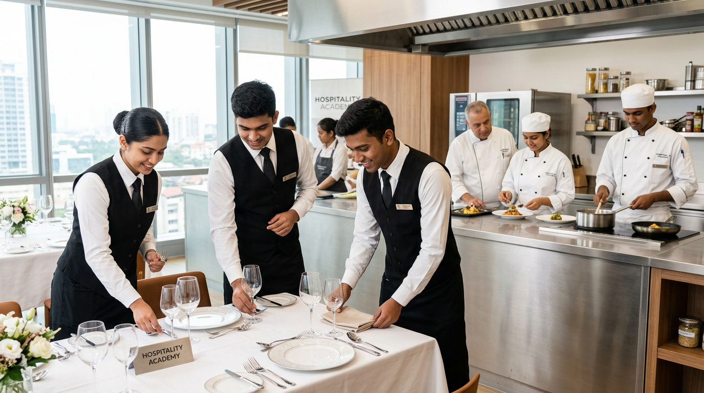South Asian hospitality students practicing fine dining service in a training academy