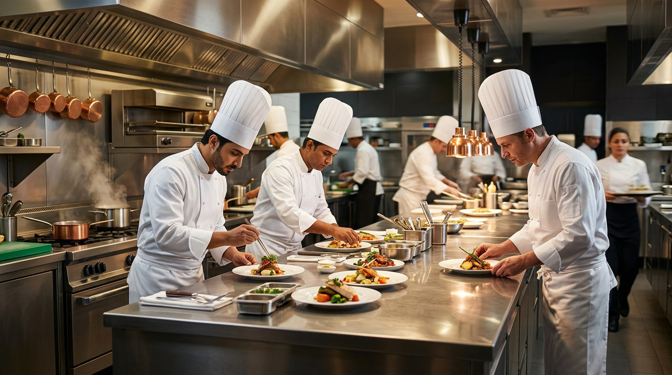A bustling high-end restaurant kitchen in Doha during service