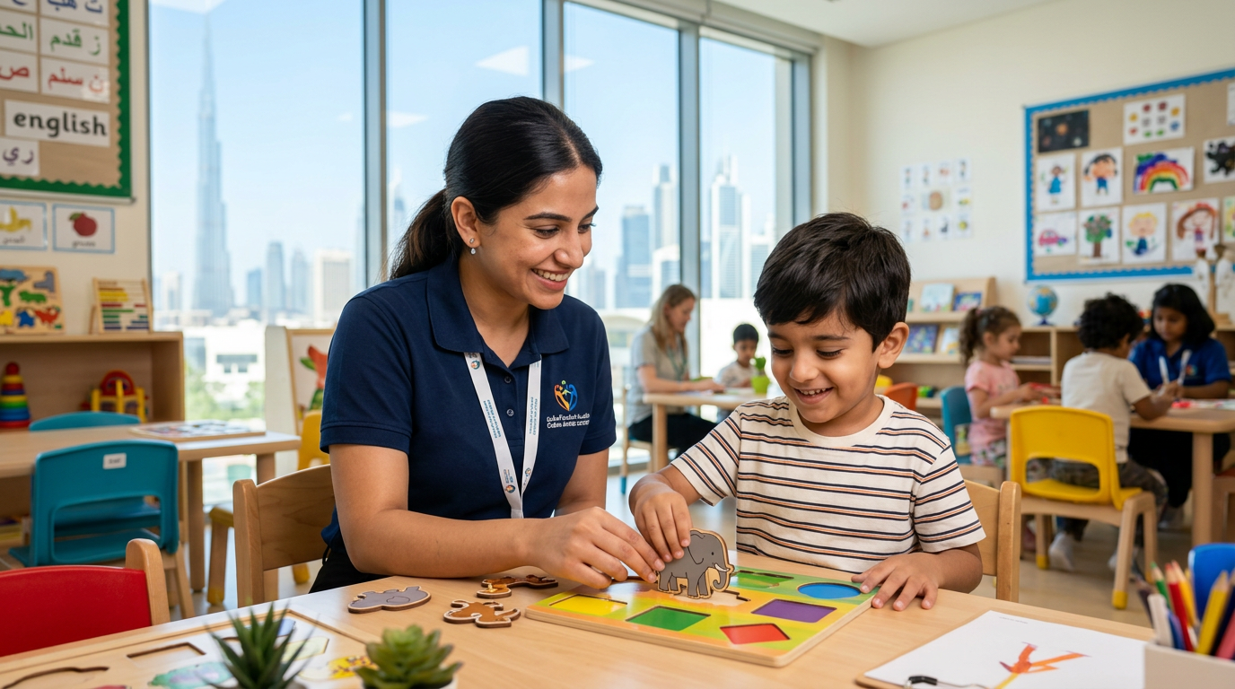 A certified behavior technician working with a child in a brightly lit Dubai classroom