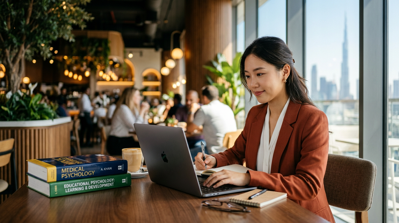 A professional studying for their QABA exam on a laptop with textbooks in Dubai