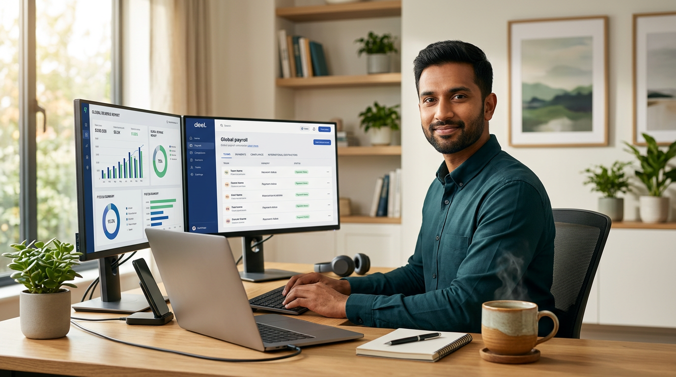 South Asian professional working remotely from a home office with financial charts on dual monitors