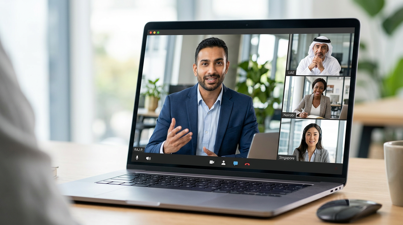 South Asian remote worker participating in an online video conference with Gulf executives