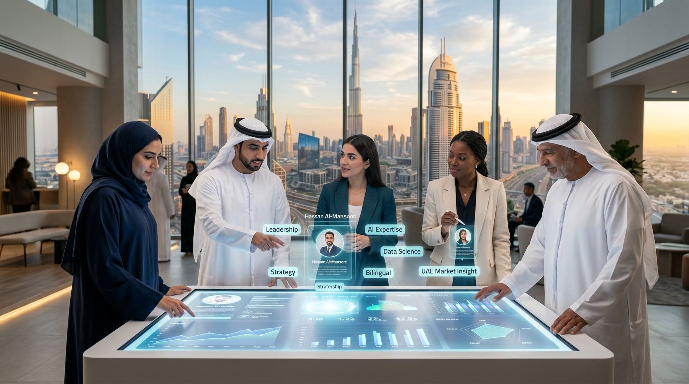 Professionals reviewing digital candidates on a glowing table in Dubai