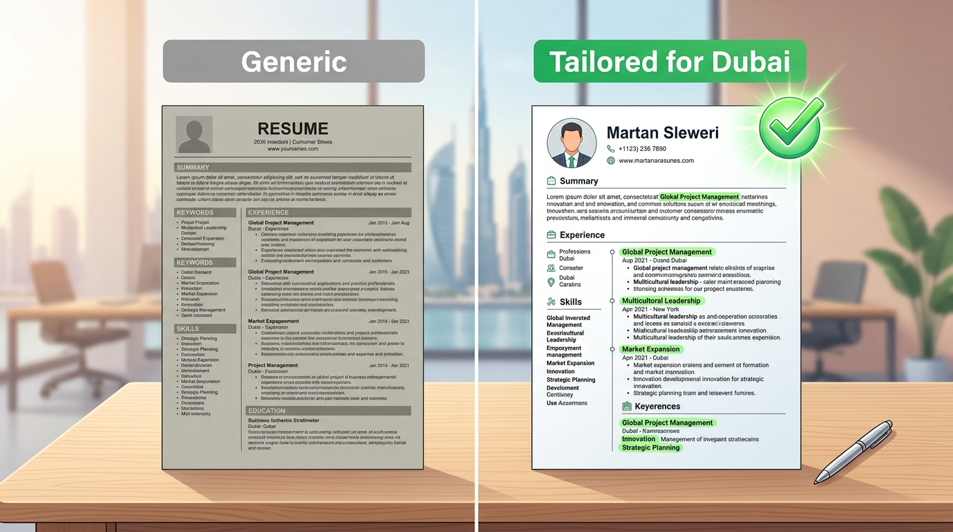 Side by side comparison of a generic resume and a targeted Dubai resume