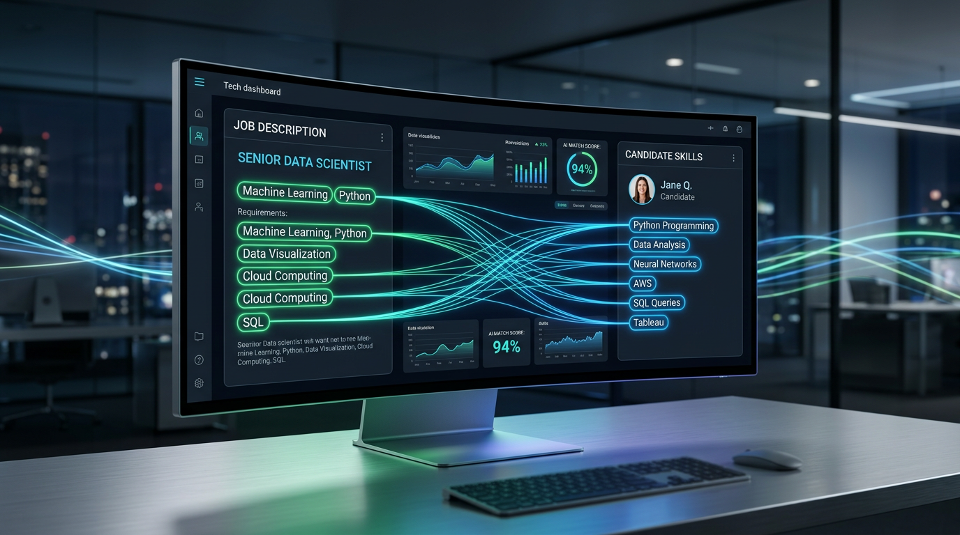 Futuristic dashboard showing AI matching a candidate's skills to a job description