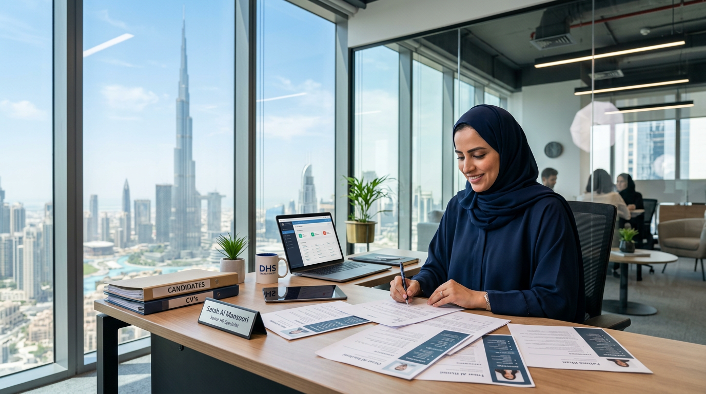 A professional UAE HR recruiter in a modern office looking at multiple resumes on a desk