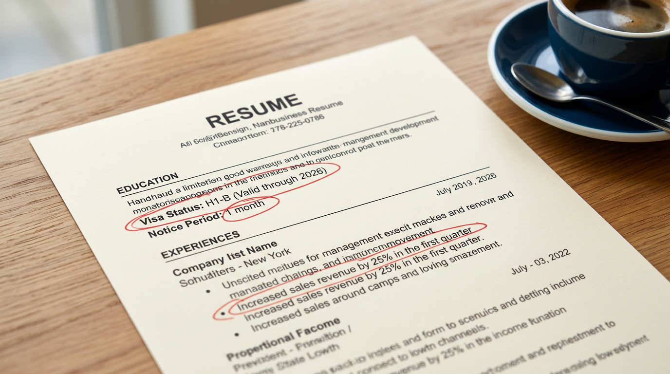 Close up of a professional resume with red circles highlighting the visa status and notice period