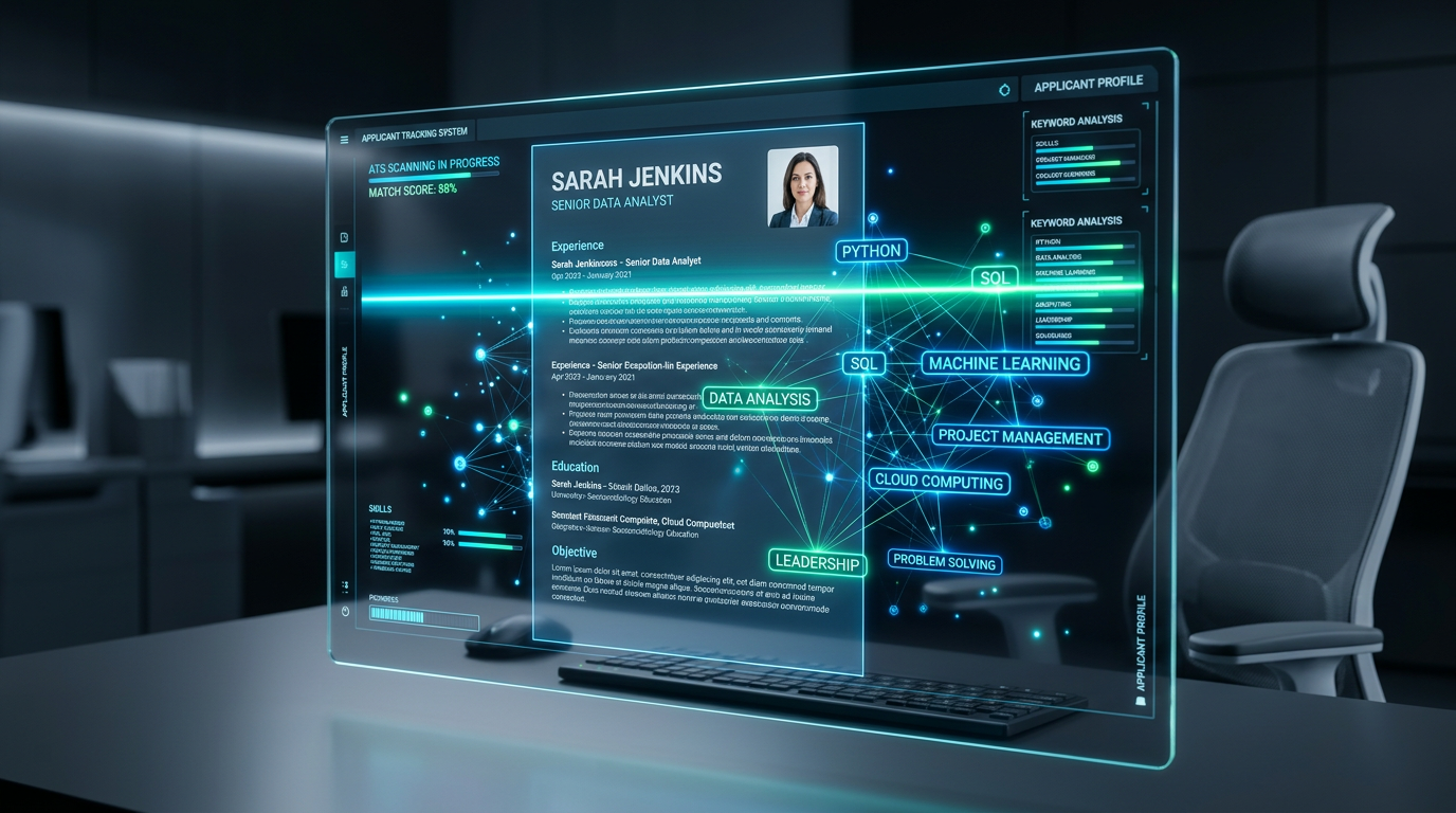 A digital screen showing a resume being scanned by ATS Applicant Tracking System software