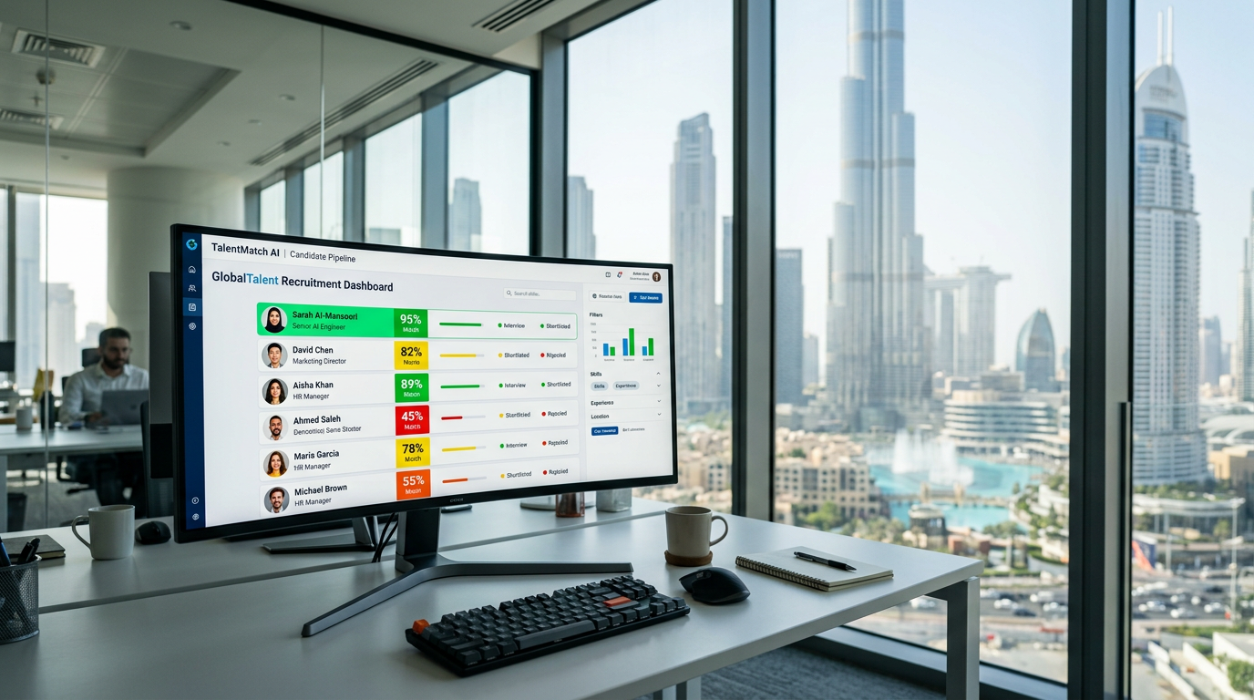 A digital screen showing a recruiter dashboard with candidate ATS scores ranging from 0 to 100 percent.