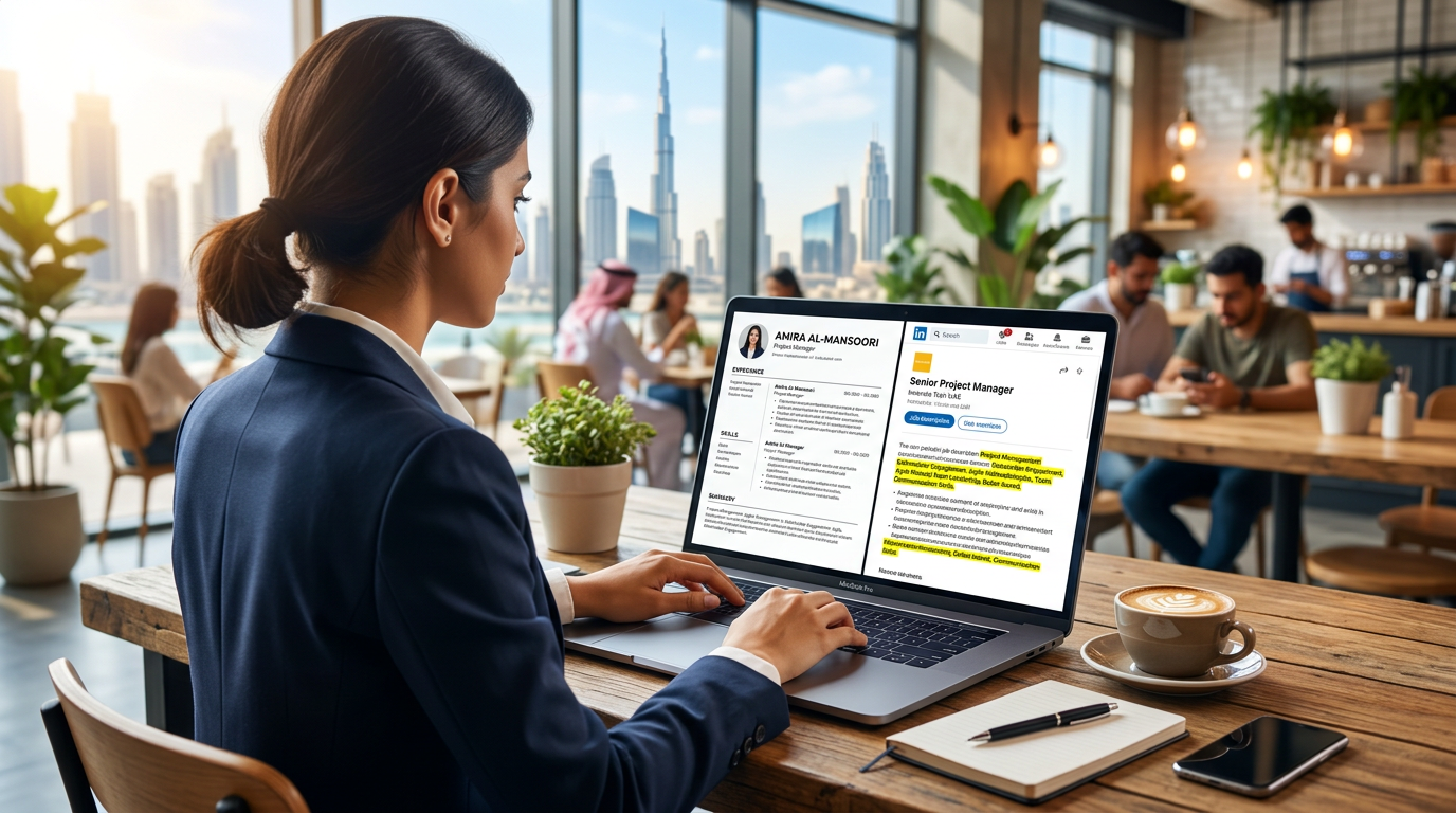 A professional analyzing a resume on a laptop screen, comparing it to a job description.