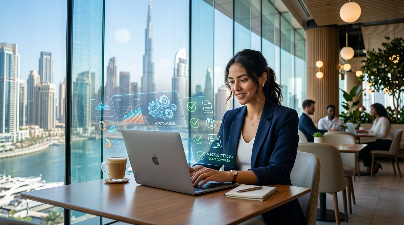 Professional working on a laptop with abstract digital overlays representing automation and AI