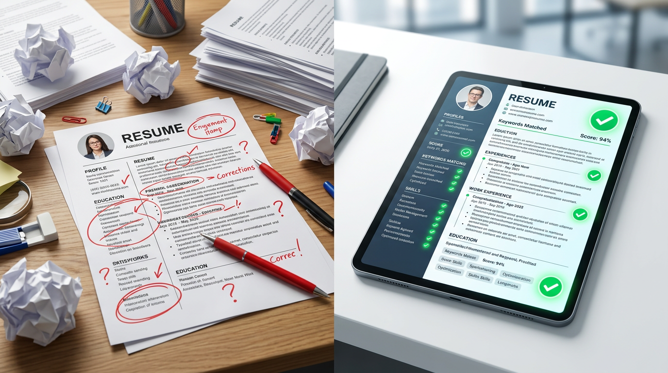 Split screen showing a messy manual resume on the left and a clean, AI-tailored resume on the right