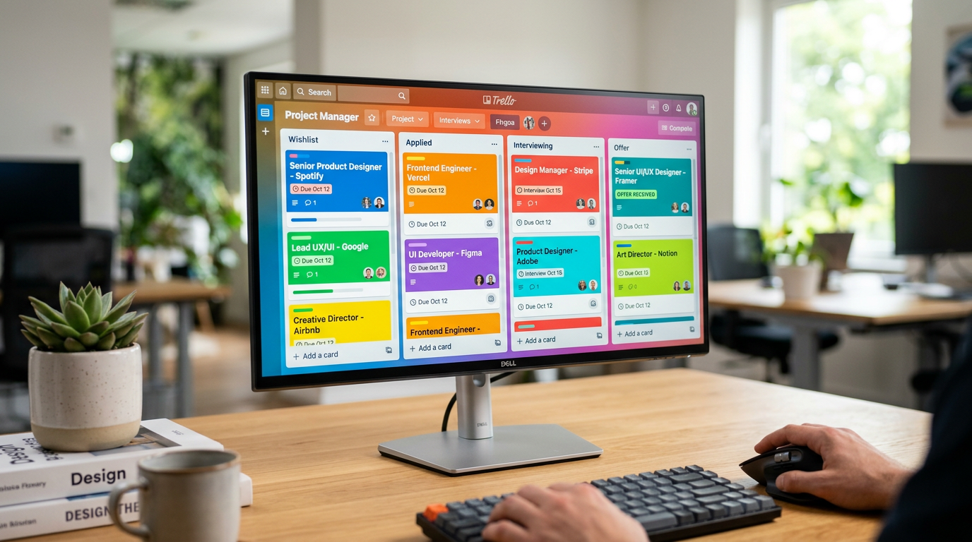 A digital Kanban board showing job applications moving from Applied to Interview stages