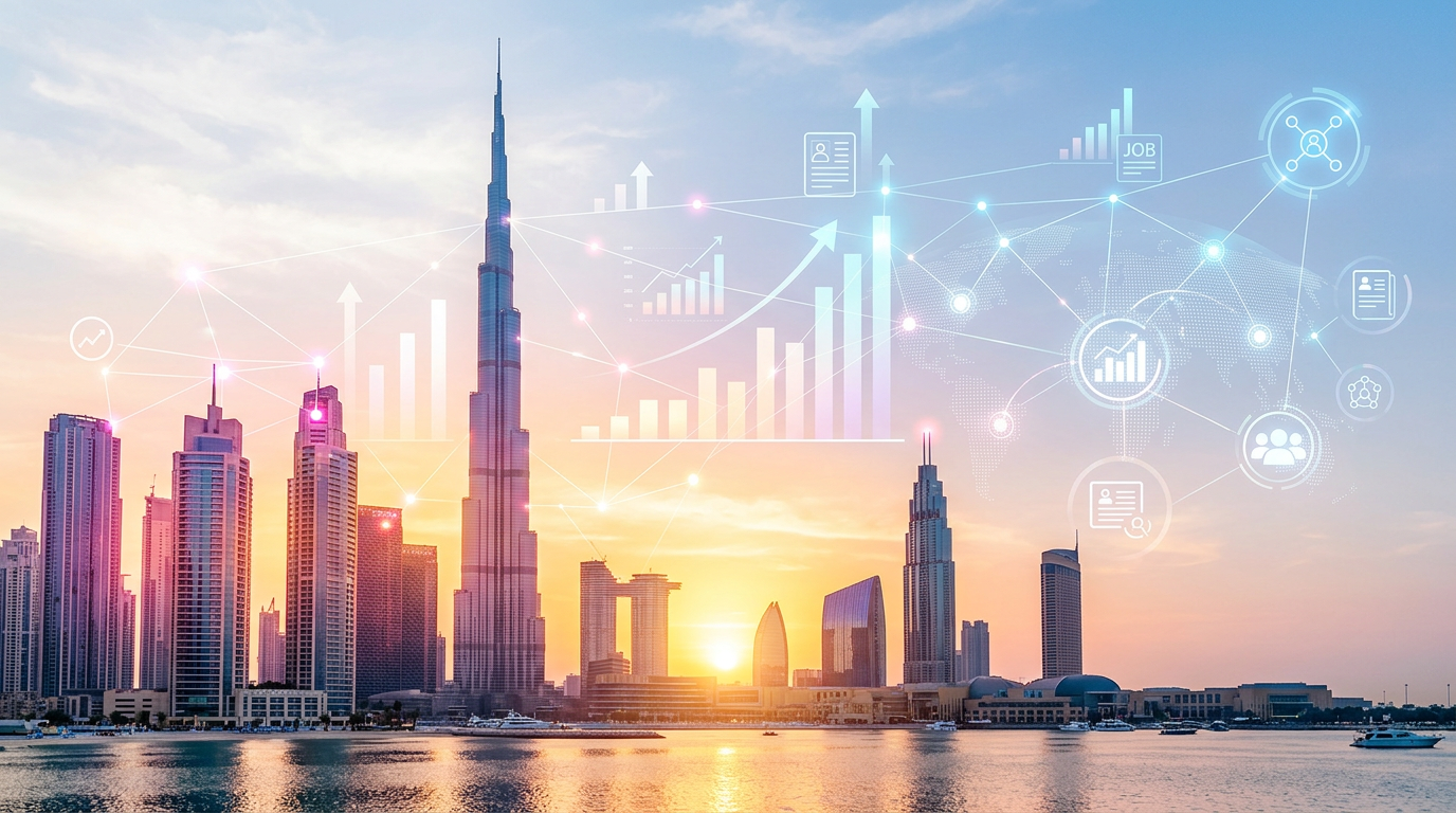 Modern Dubai skyline at sunrise with data graphics