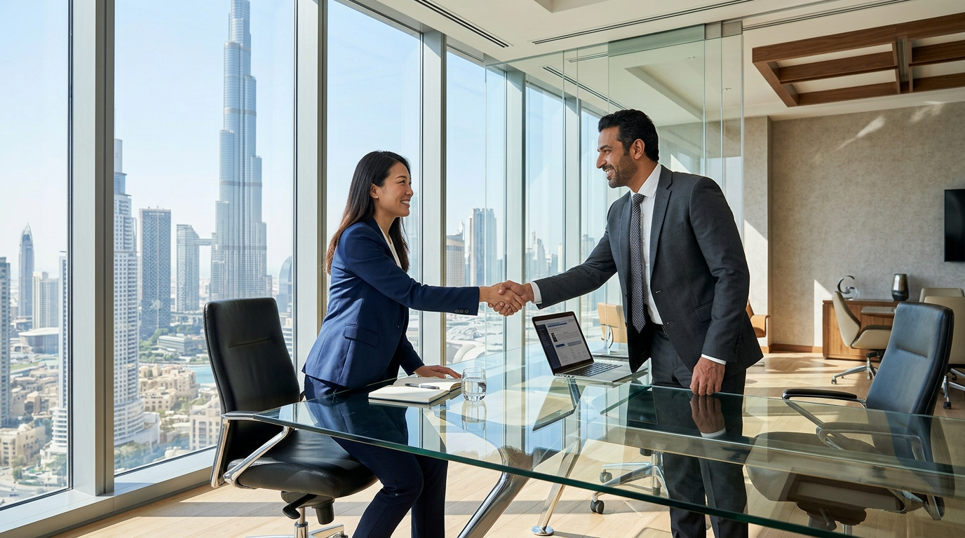 Professionals shaking hands in a high-end Dubai office