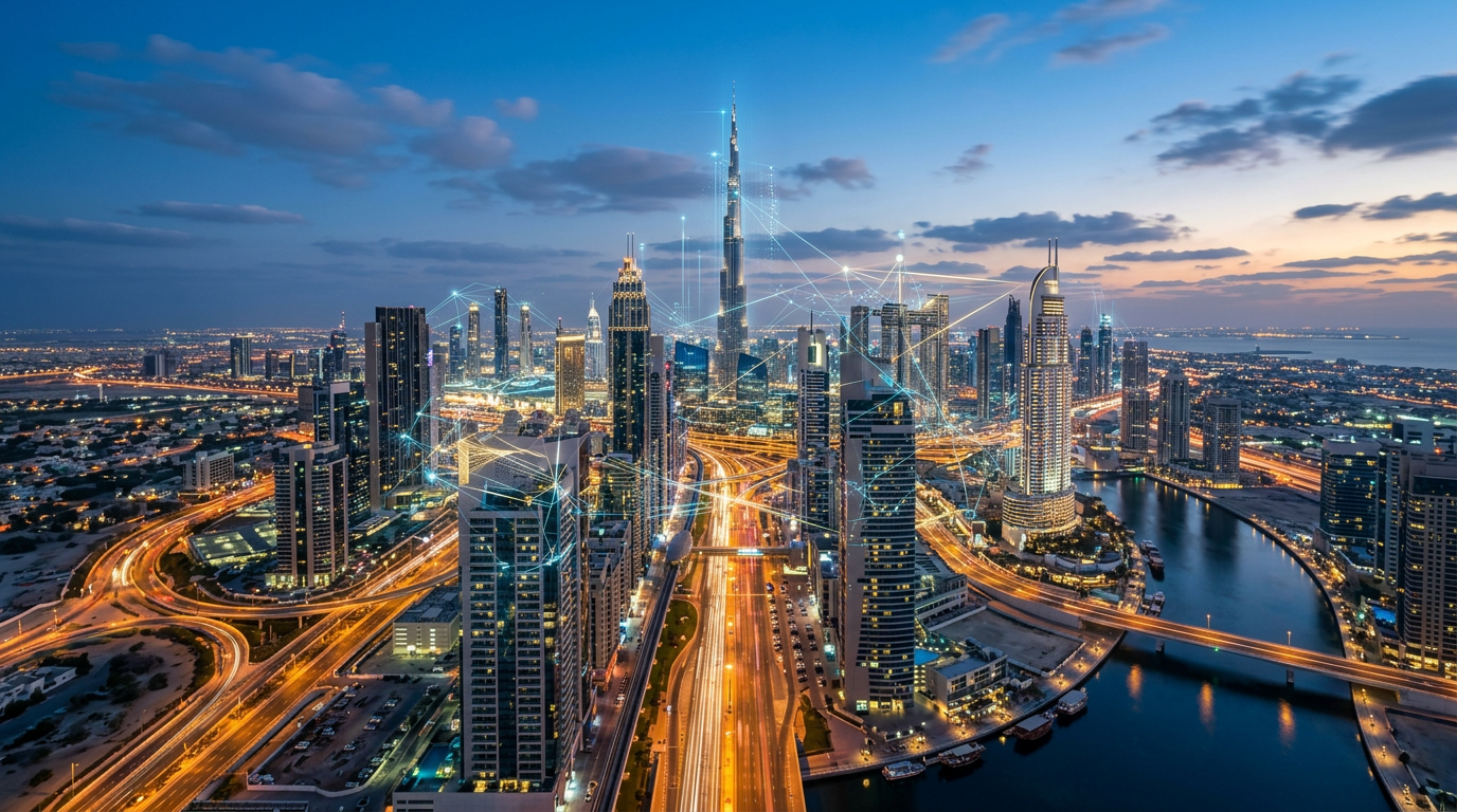 Modern Dubai skyline featuring digital overlays representing tech and AI growth in the UAE job market